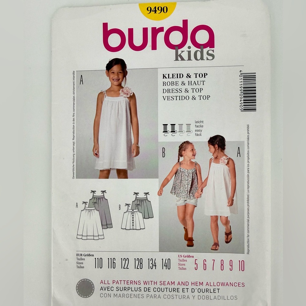 Burda Girls Sewing Pattern #9490 Uncut Children Clothing size 5-10 Yrs